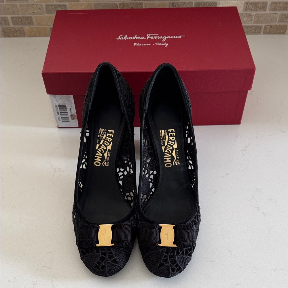 Salvatore Ferragamo Black Lace Vara Bow Pumps with Gold Hardware